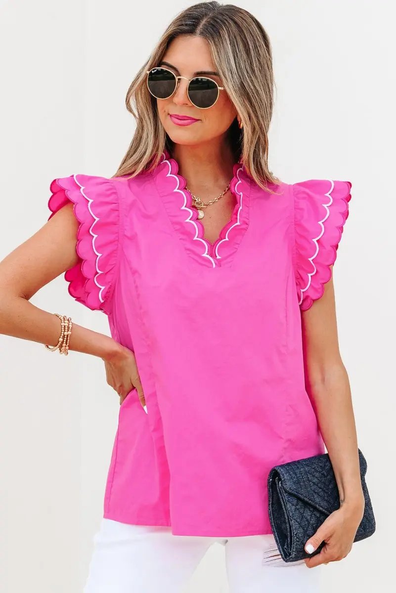Bright Pink Contrast Scallop Trim Layered V Neck Blouse - Love Salve